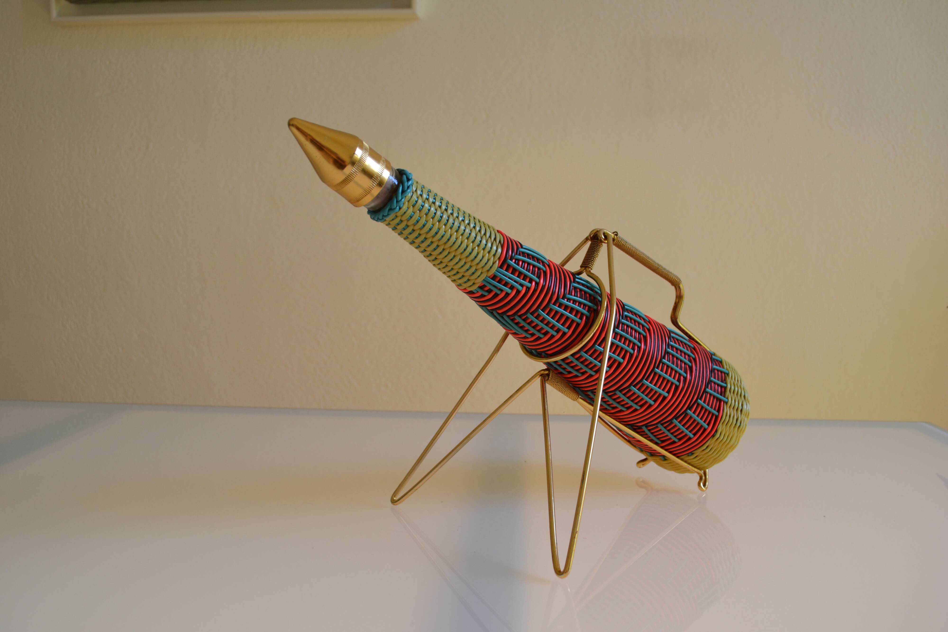 Scoubidou bottle or carafe and its Spoutnik Rocket support Space Age