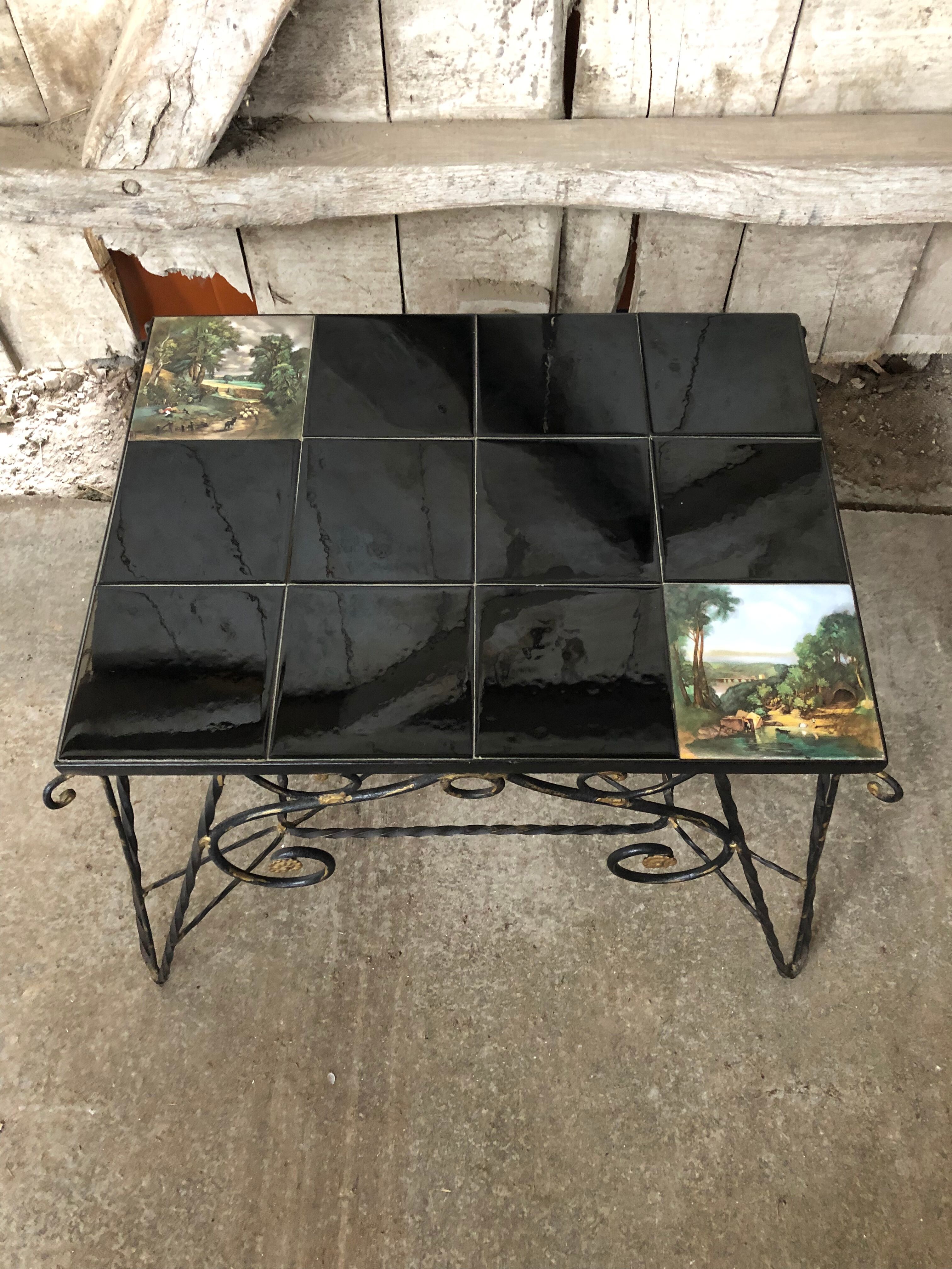 Old Coffee Table Wrought Iron Black & Gold + Tray Ceramic Tiles Vintage