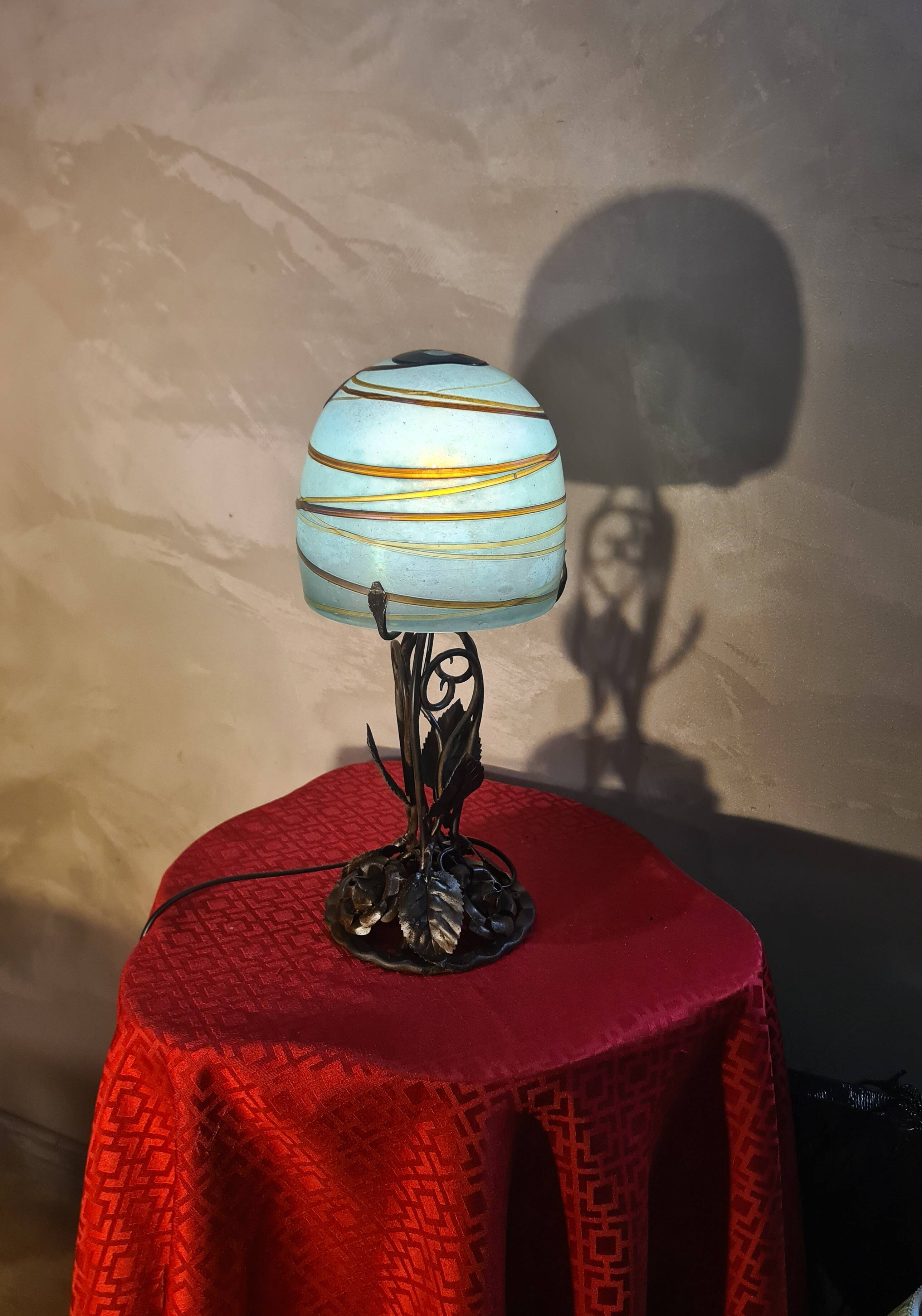 superb thick wrought iron Art Nouveau lamp, Kralik Loetz glass paste,
