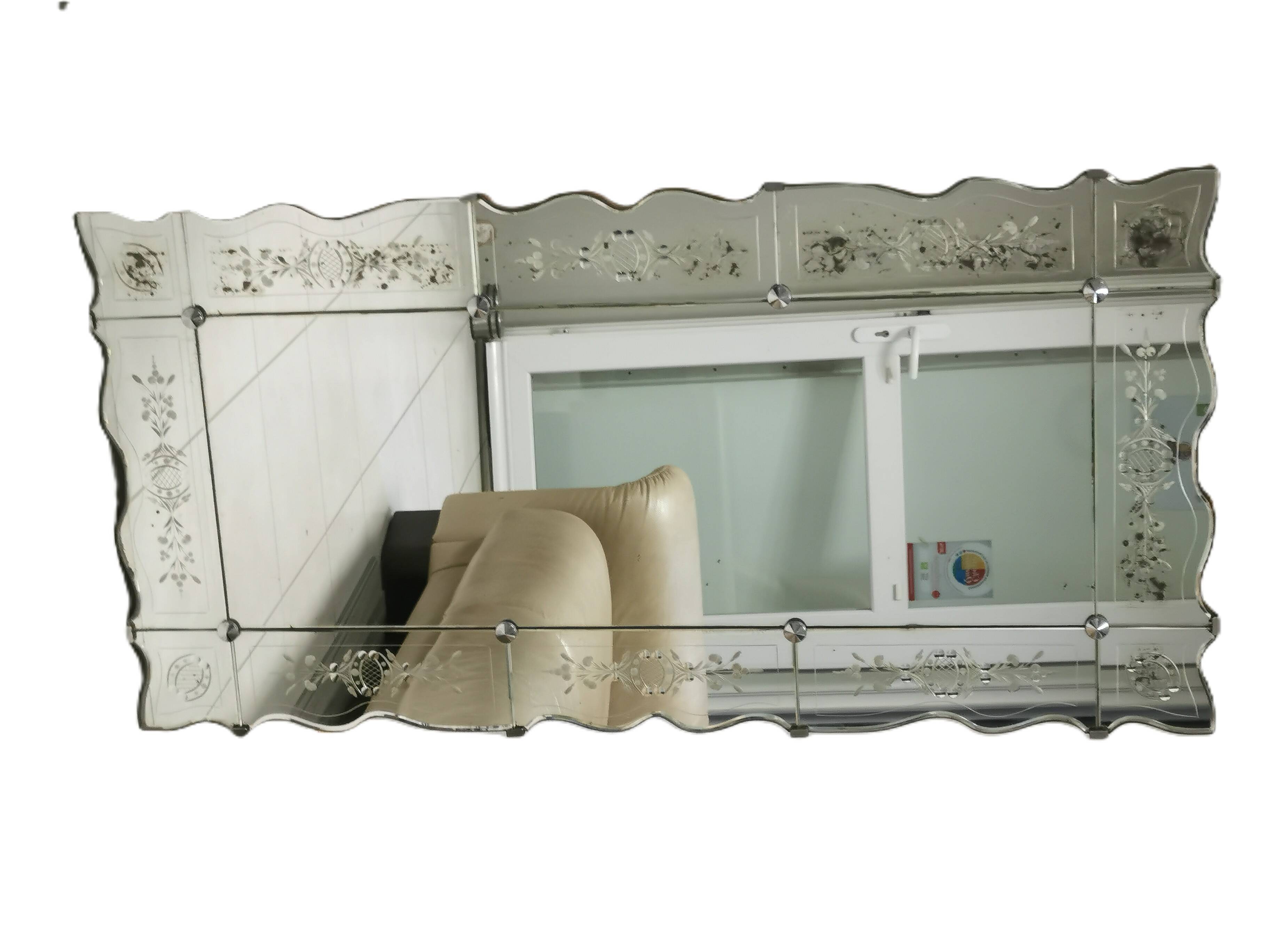 Vintage rectangular / panoramic mirror in Murano style, Venetian Art Deco