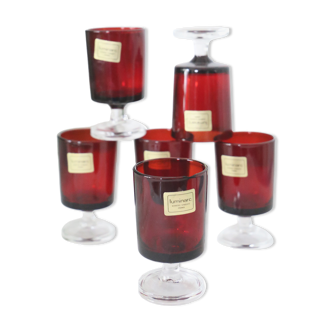 Set de 6 verres luminarc suede, français, verres à liqueur, vintage, rétro, au milieu du siècle