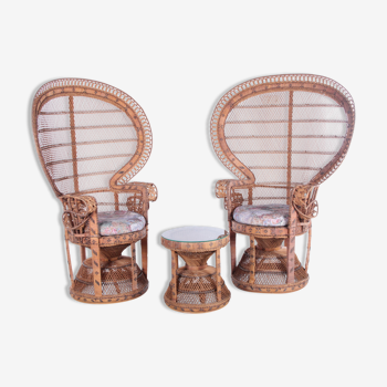 Set of two king sized emmanuelle pauw peacock chairs with side table