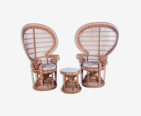 Set of two king sized emmanuelle pauw peacock chairs with side table