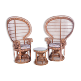 Set of two king sized emmanuelle pauw peacock chairs with side table