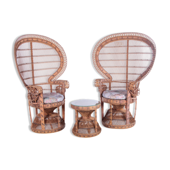 Set of two king sized emmanuelle pauw peacock chairs with side table