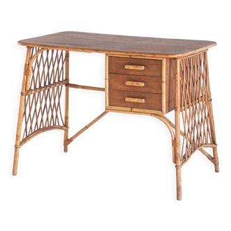 Bureau vintage en canné et rotin par Louis Sognot, France 1950