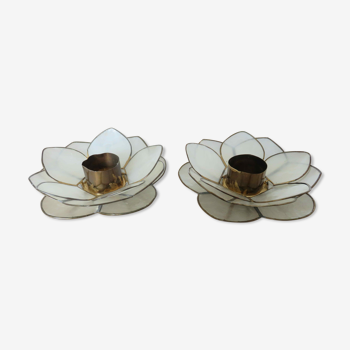 Pair of flower candle holders in mother-of-pearl Capiz and brass 60/70s