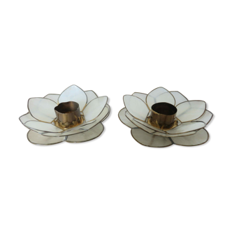 Pair of flower candle holders in mother-of-pearl Capiz and brass 60/70s