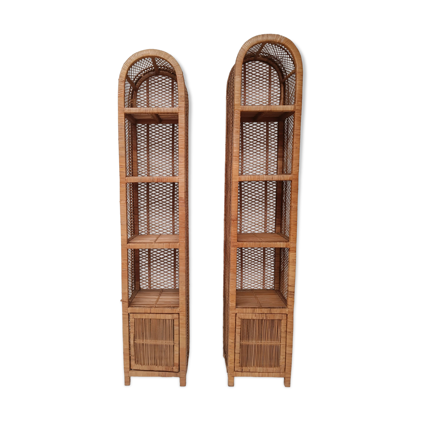 Pair of slim rattan shelves