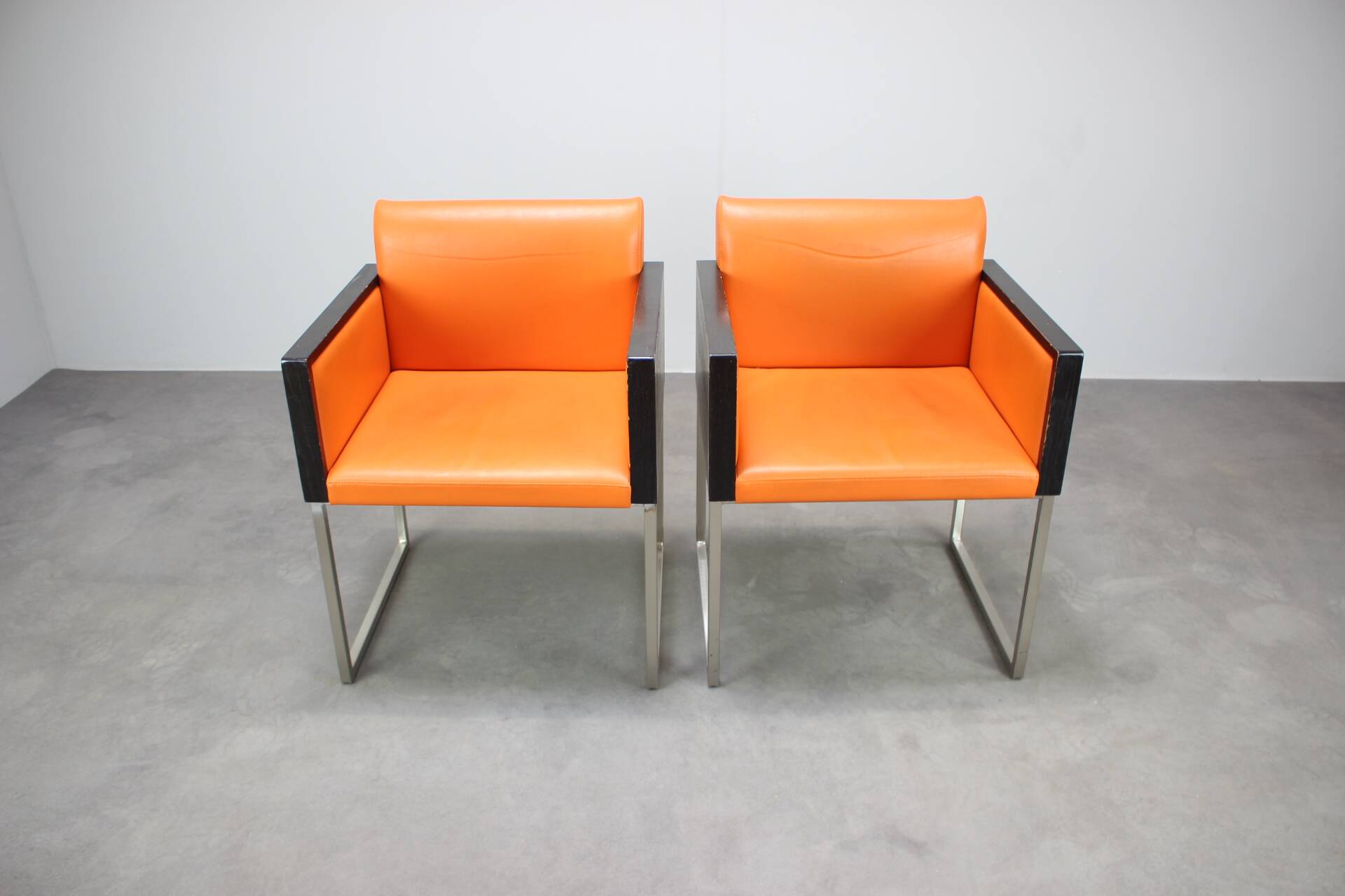 Pair of BOX 740 armchairs by Pedrali, Italy, Wenge Wood and Orange Fabric.