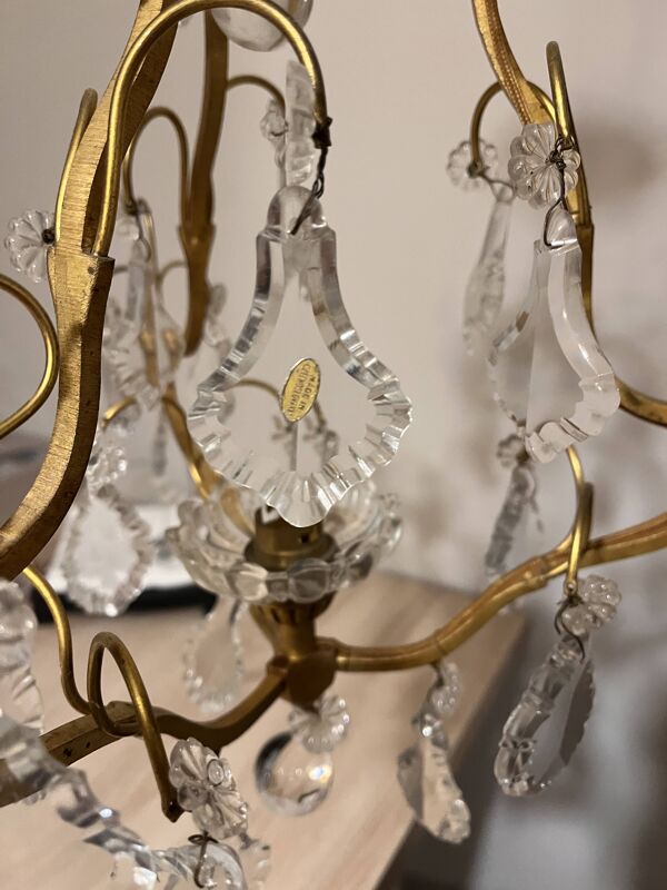 Lustre vintage tchécoslovaque en laiton et pampilles – Cristal de Bohême