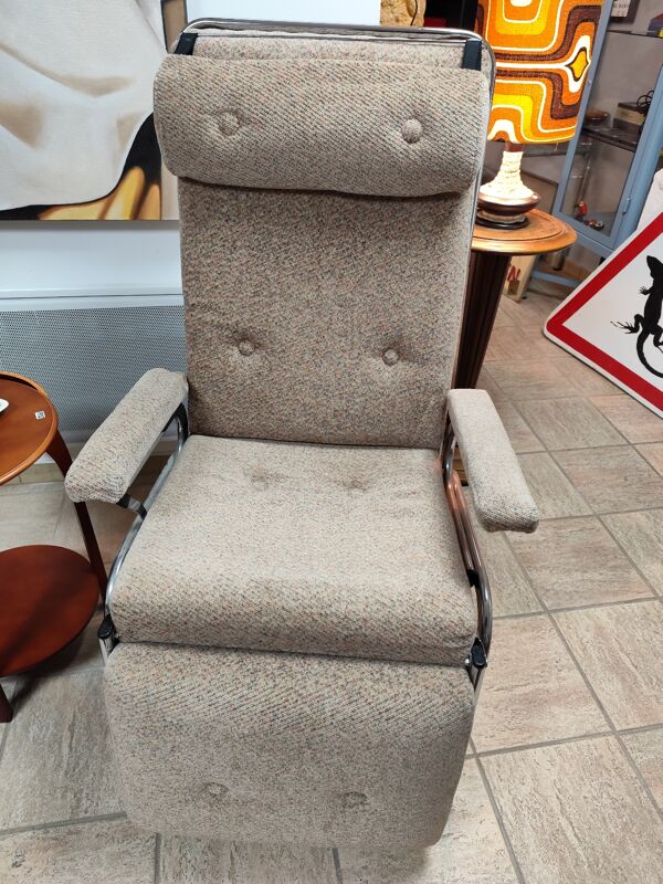 Fauteuil relax tissu et inox années 70