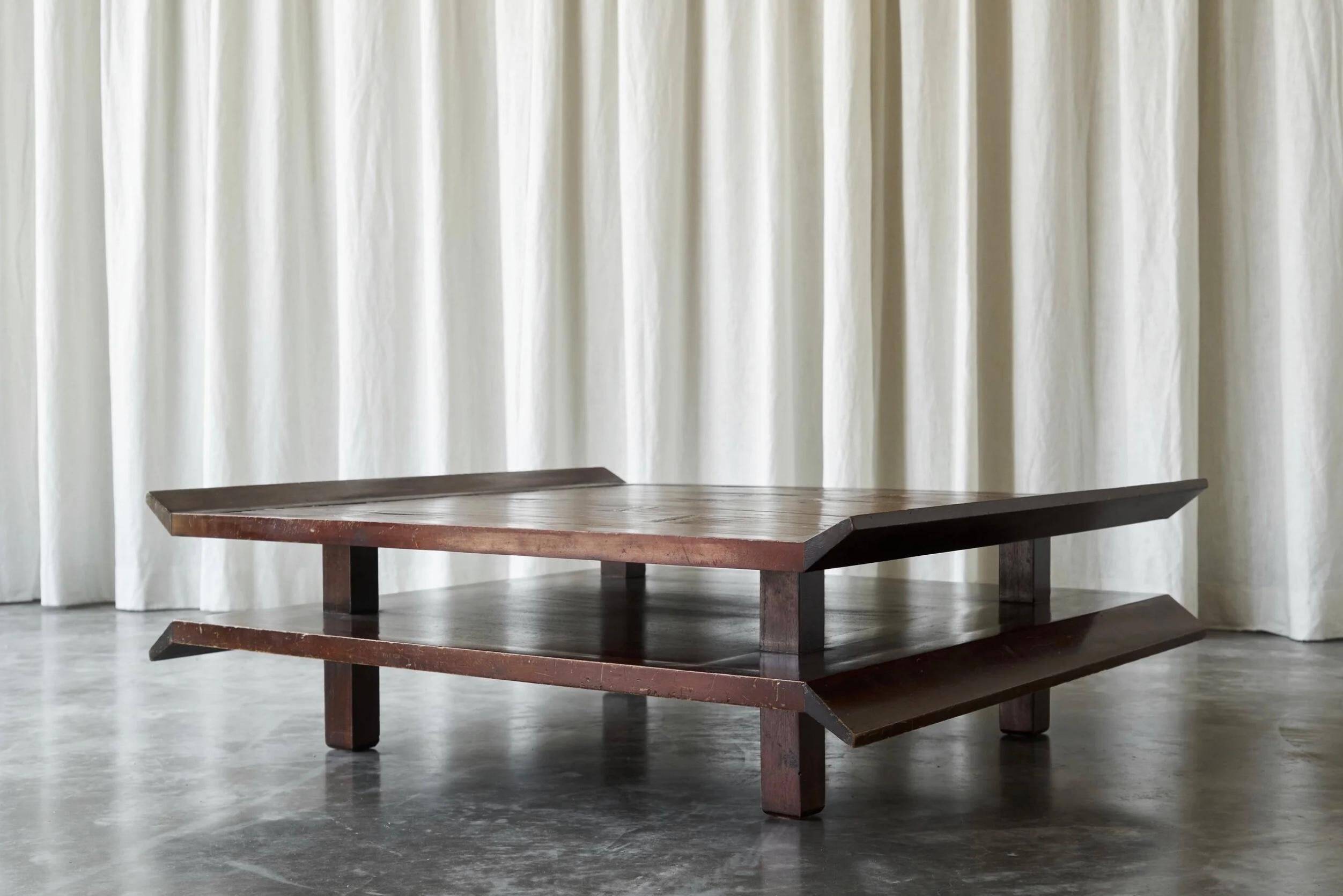 Two-level pagoda coffee table in Wabi-Sabi style, wood and bamboo from the 1970s.