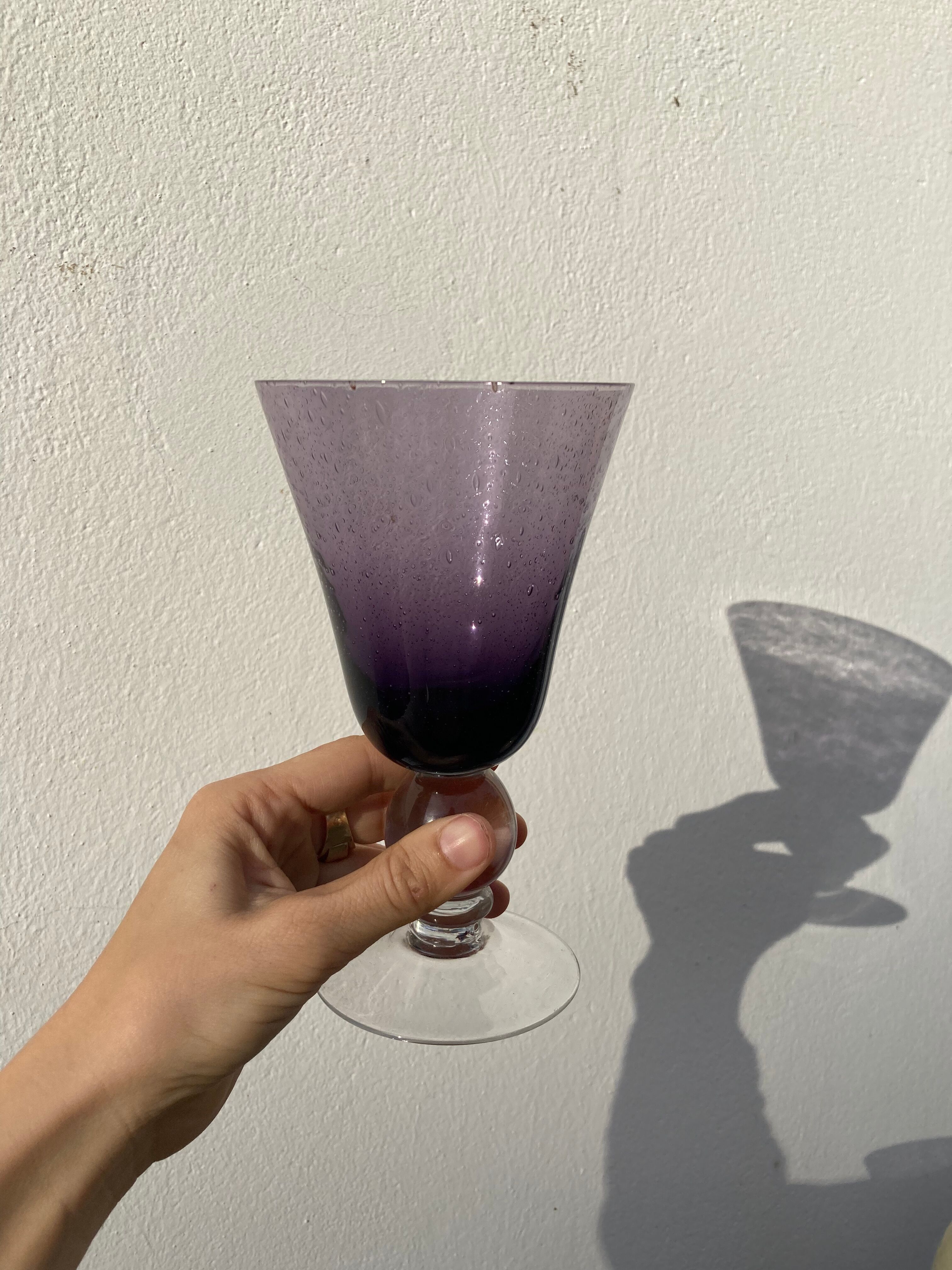 Trio of purple stemmed glasses Biot bubbled
