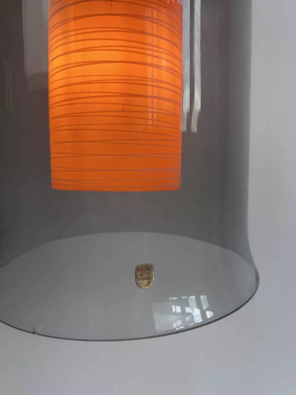 Vintage Philips pendant light, orange & smoked glass – wood, Sweden