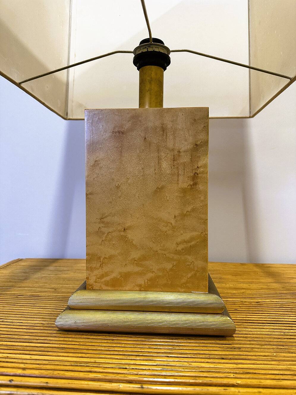 Vintage burlwood rectangular table lamp, France 1980s