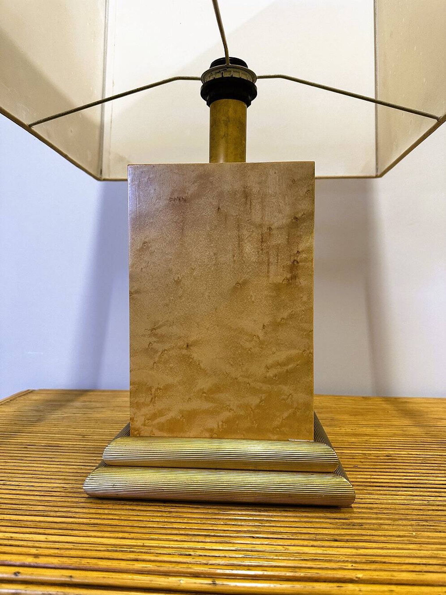 Vintage burlwood rectangular table lamp, France 1980s