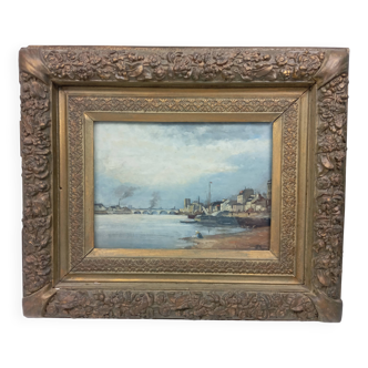 Banks of the Seine at Bercy Oil on panel 19th century signed Dupuy