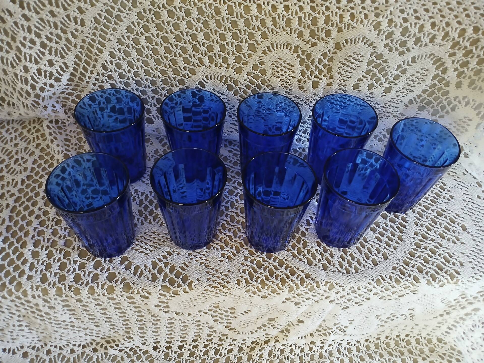 9 antique cobalt blue water glasses