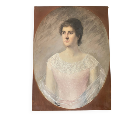 Tableau peinture huile toile portrait femme robe dentelle xixème 19ème merl