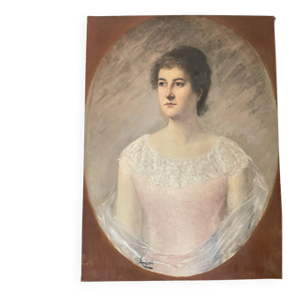 Oil painting canvas portrait woman lace dress 19th century merl