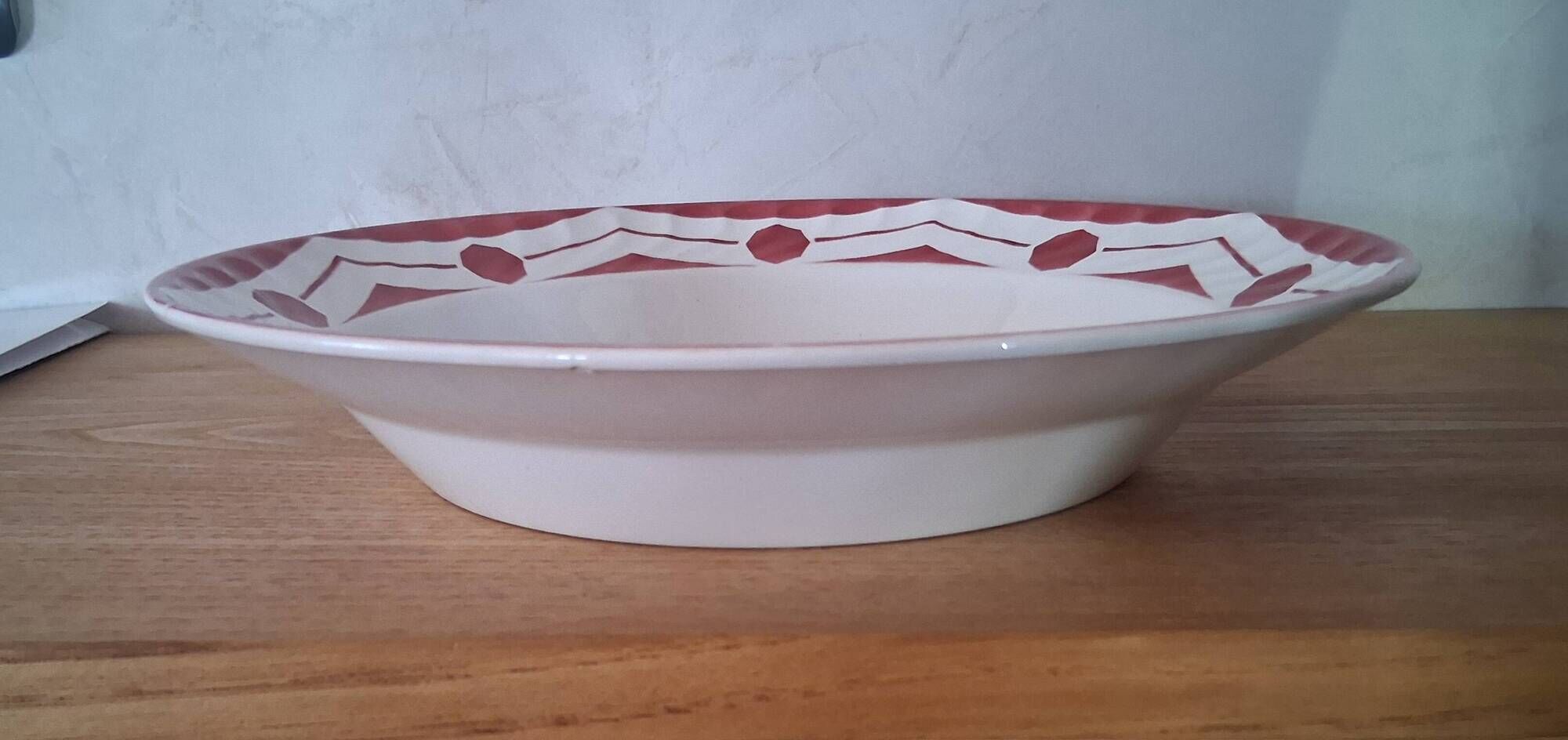 Large deep plate chives Digoin Sarreguemines art deco geometric