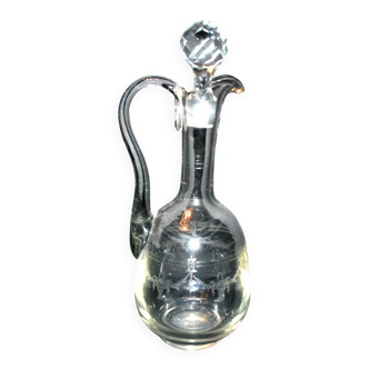 Antique carafe, blown glass can, acid-etched, garland basket, 1900