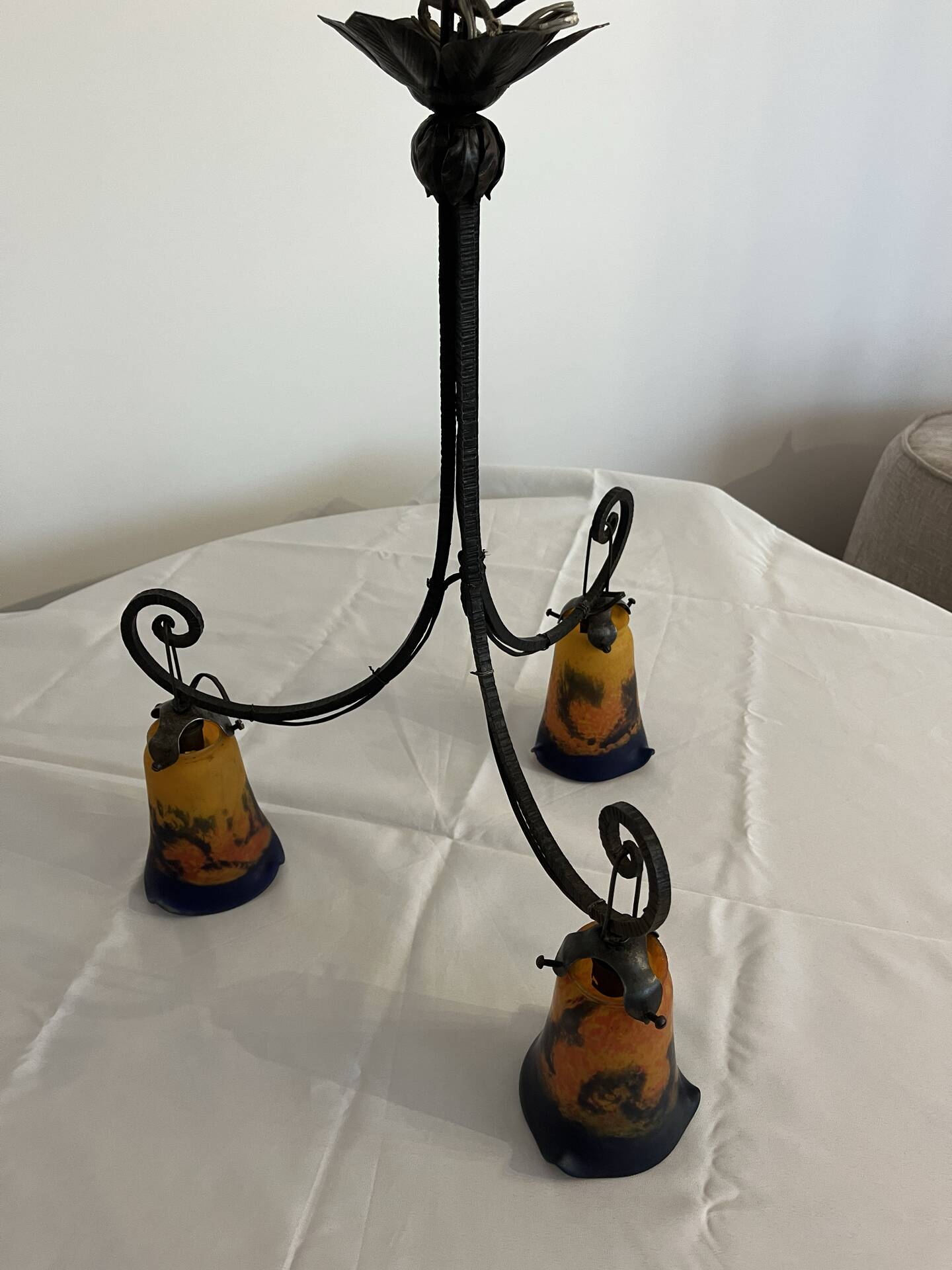 Art deco chandelier signed noverdy france - wrought iron and marbled glass