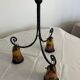 Art deco chandelier signed noverdy france - wrought iron and marbled glass