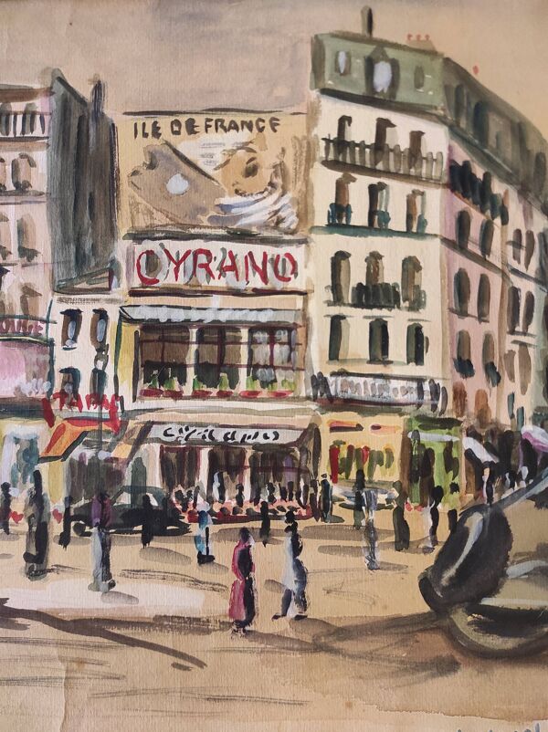 Aquarelle française vintage du Moulin Rouge, à Paris, signée Ch. Vogel, de 1948