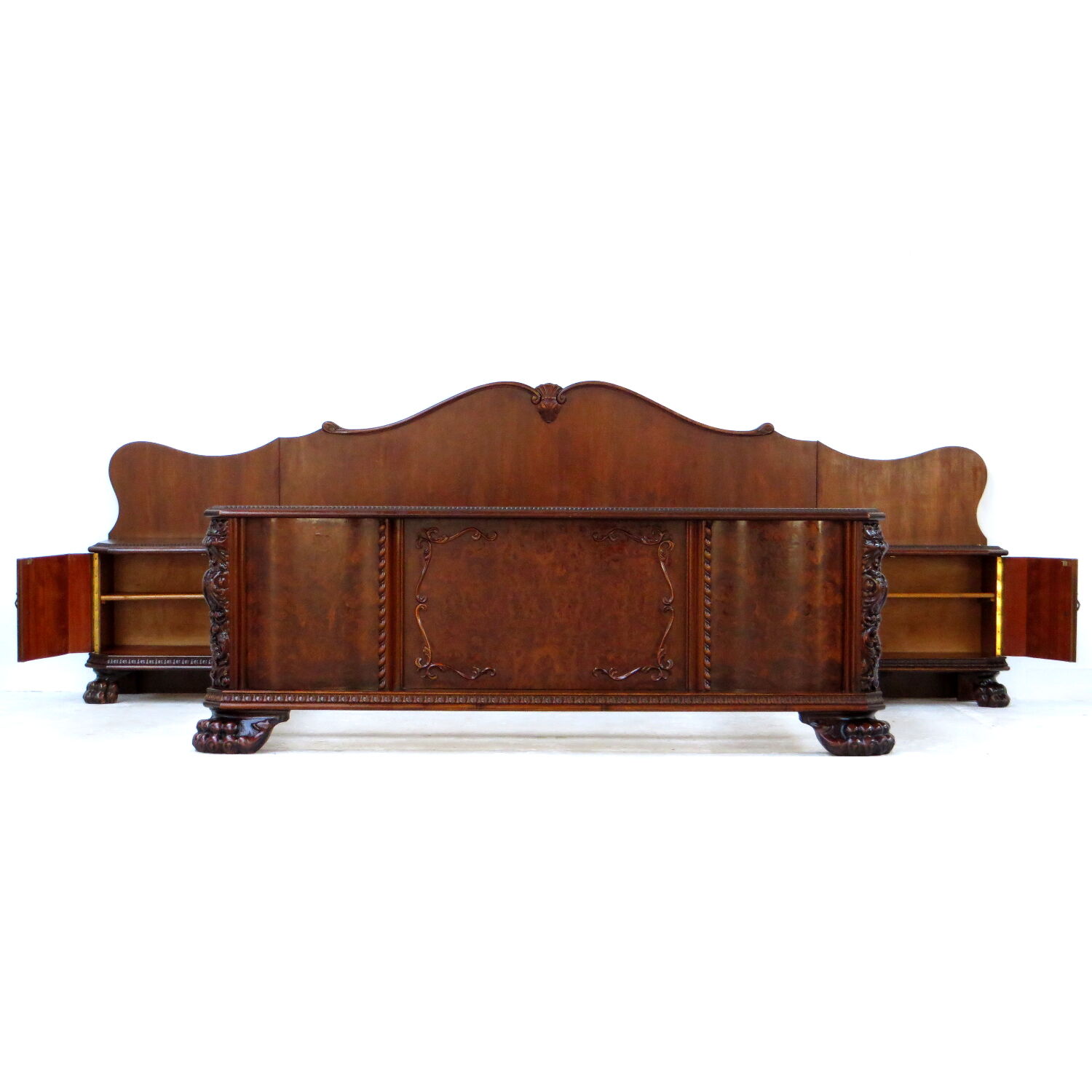 Hand carved Burr Walnut Bedroom Set with big Lion claw / paw feet, 19th century