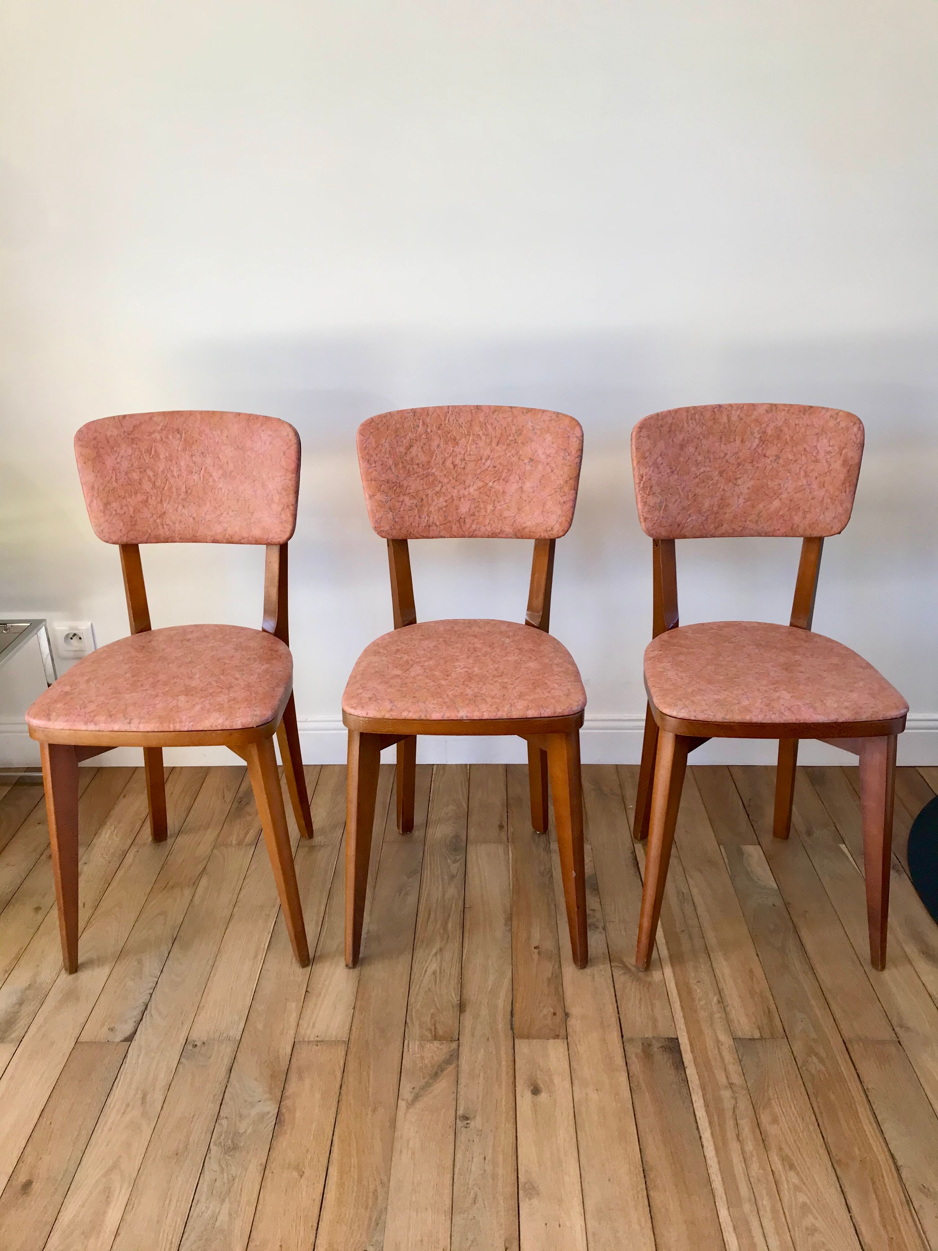 Set of 6 Scandinavian chairs in beech wood and pastel skaï 50s