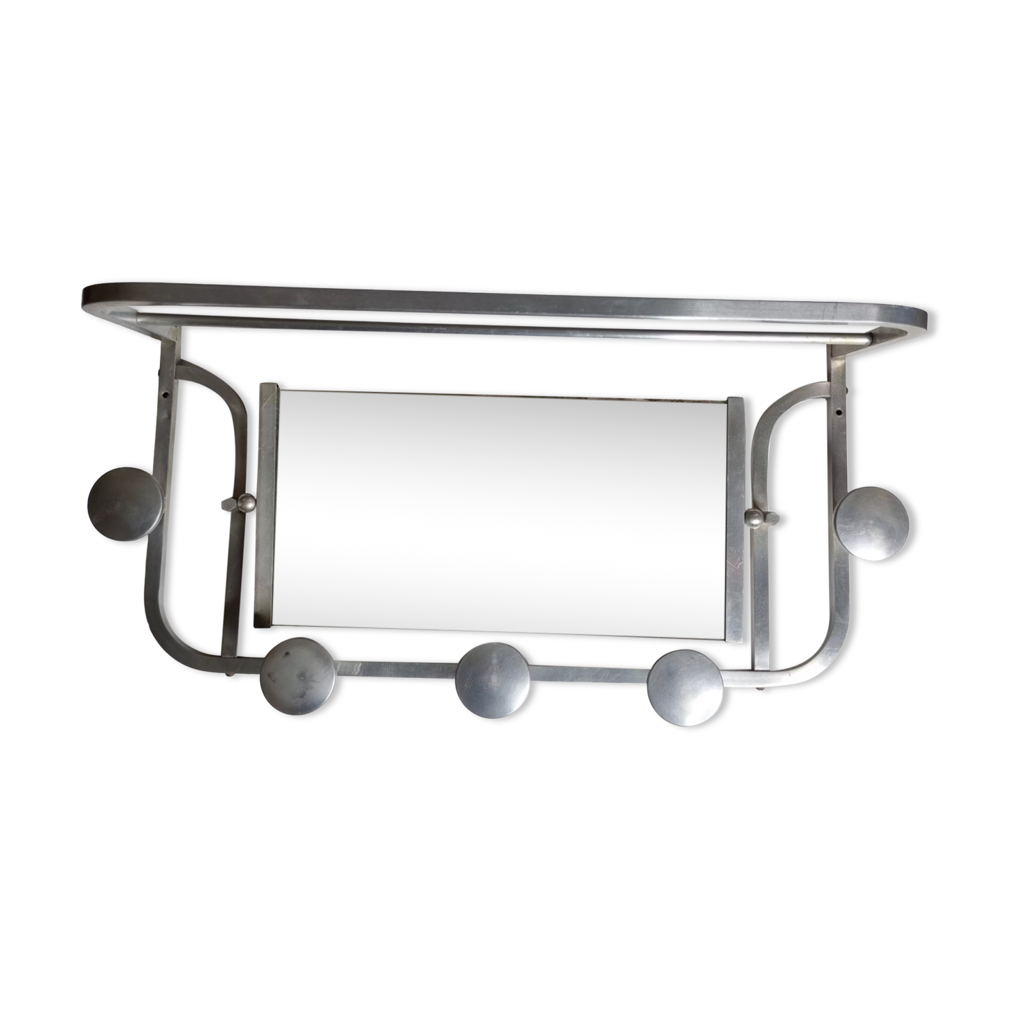Portemanteau mural en aluminium avec miroir orientable, 5 patères et un porte chapeau, années 50