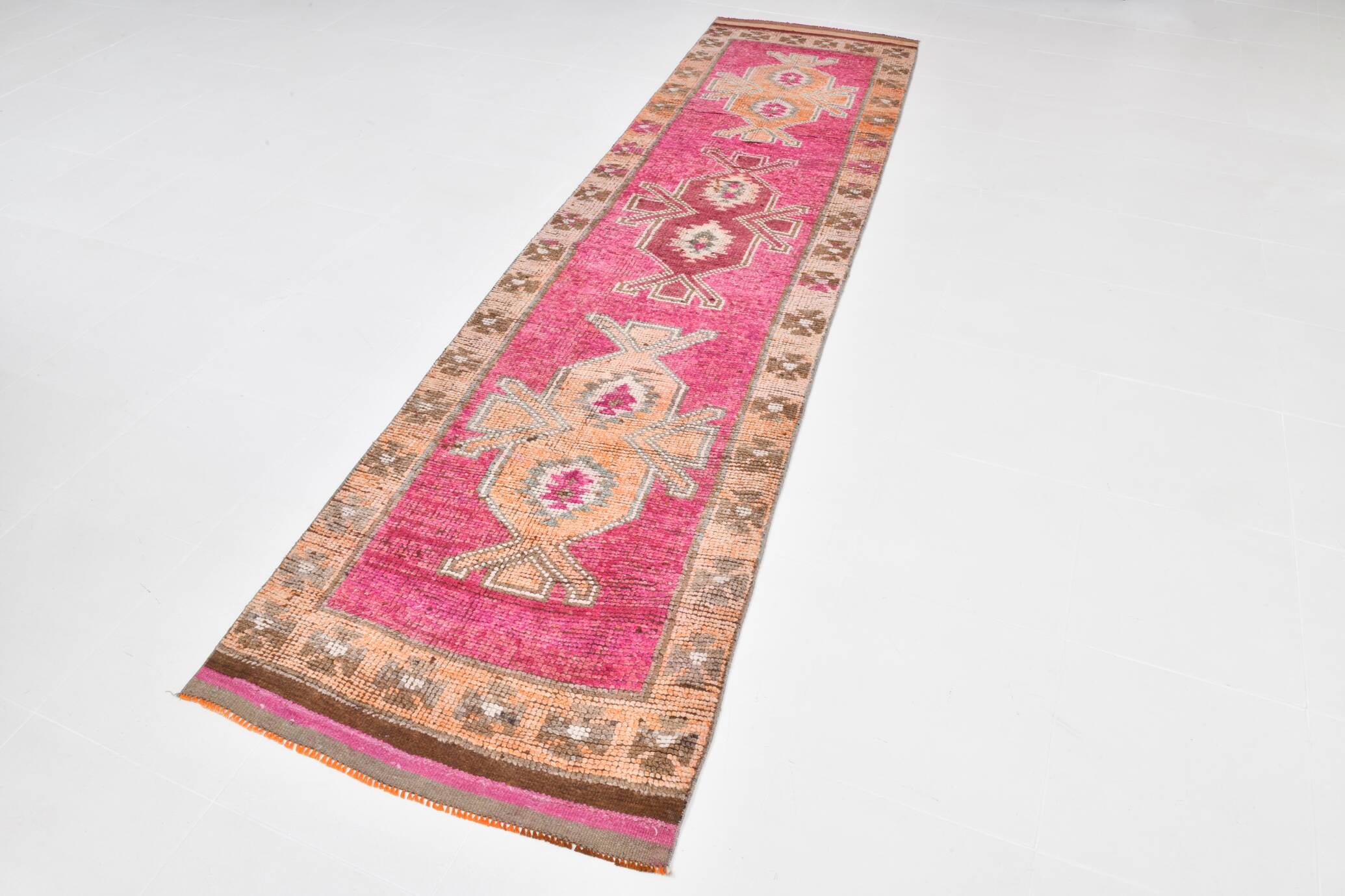 3x11 Vintage Pink & Brown Turkish Runner Rug, 87x339Cm