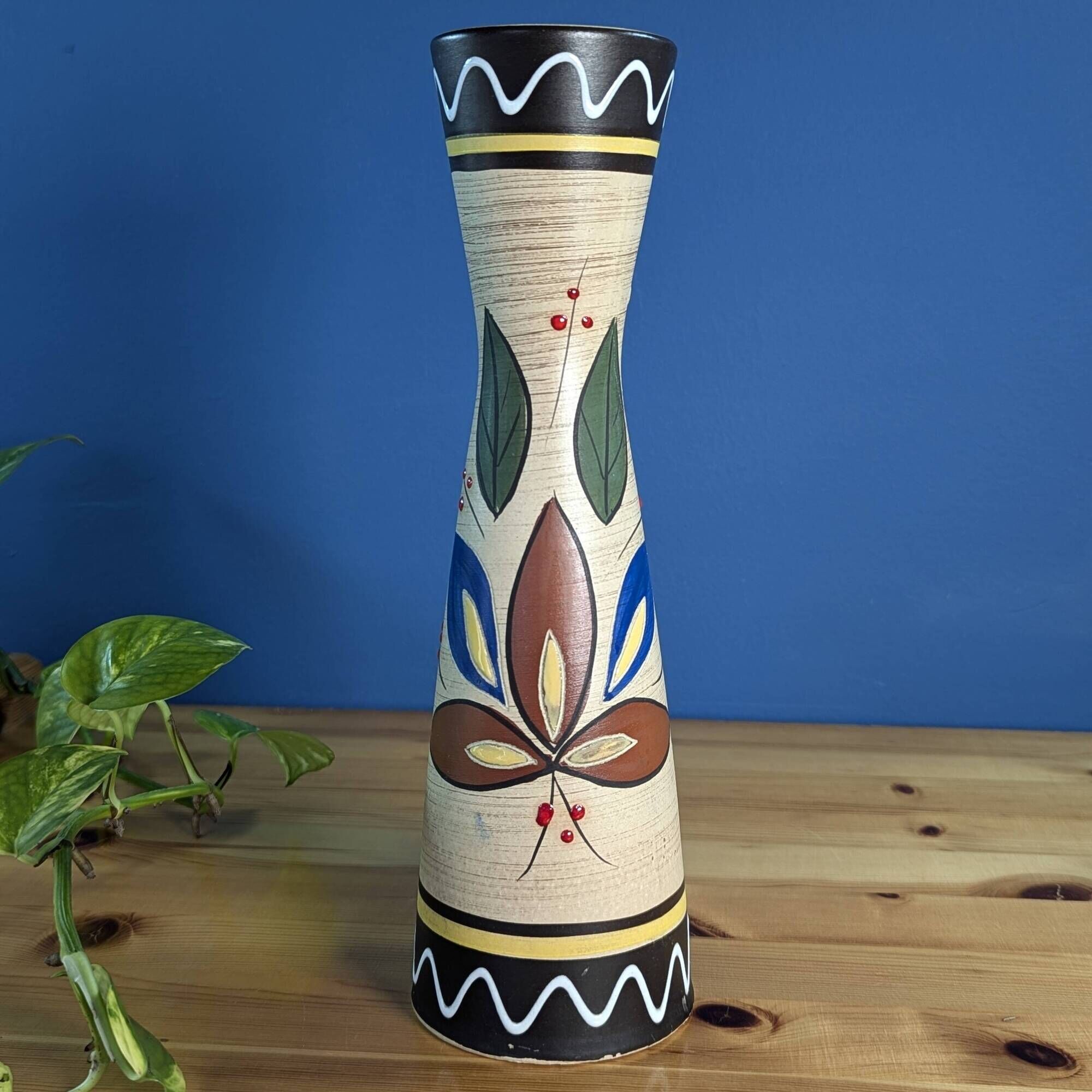Diabolo vase West Germany MR Keramik leaves styles 70s vintage 28.5cm