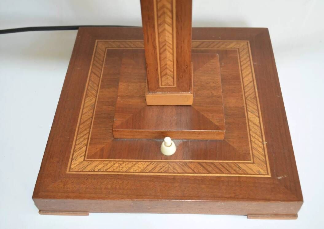Vintage Wooden Table Lamp with Geometric Marquetry Inlay – Fabric Lampshade