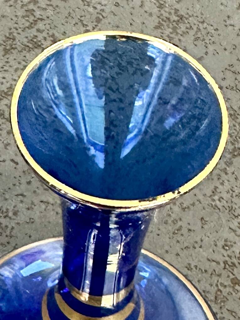 Translucent green blue glass soliflore with gold trim - 15 cm