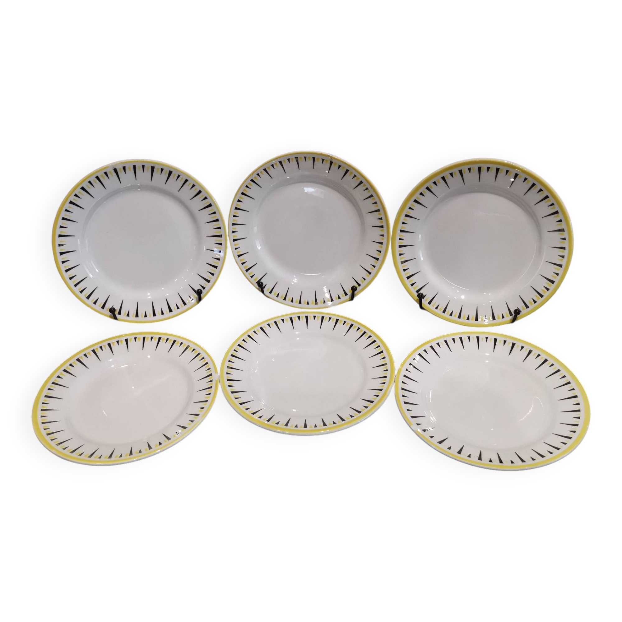 6 dessert plates from the 50s in yellow & black Badonviller earthenware