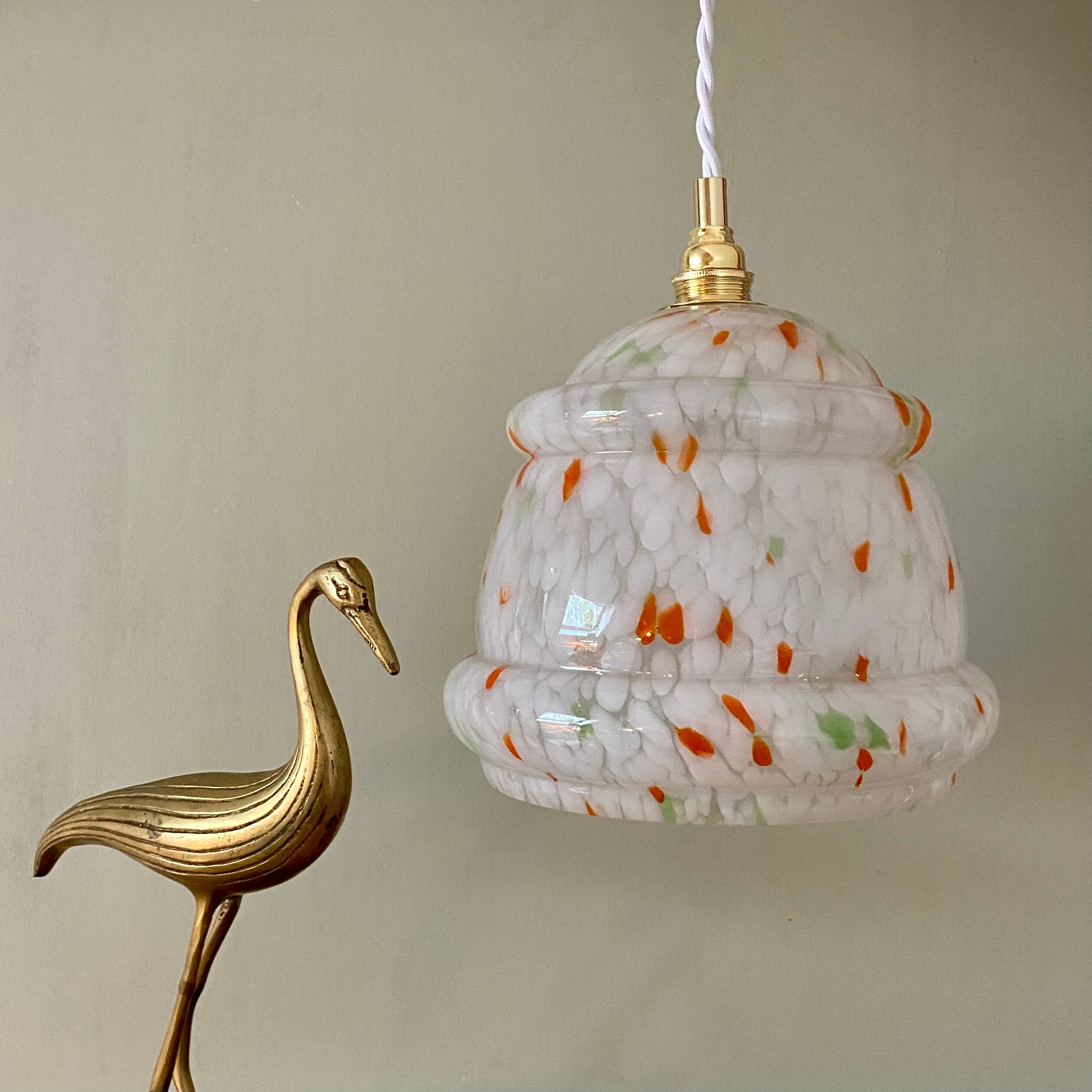 Vintage Clichy glass globe pendant lamp white orange and green