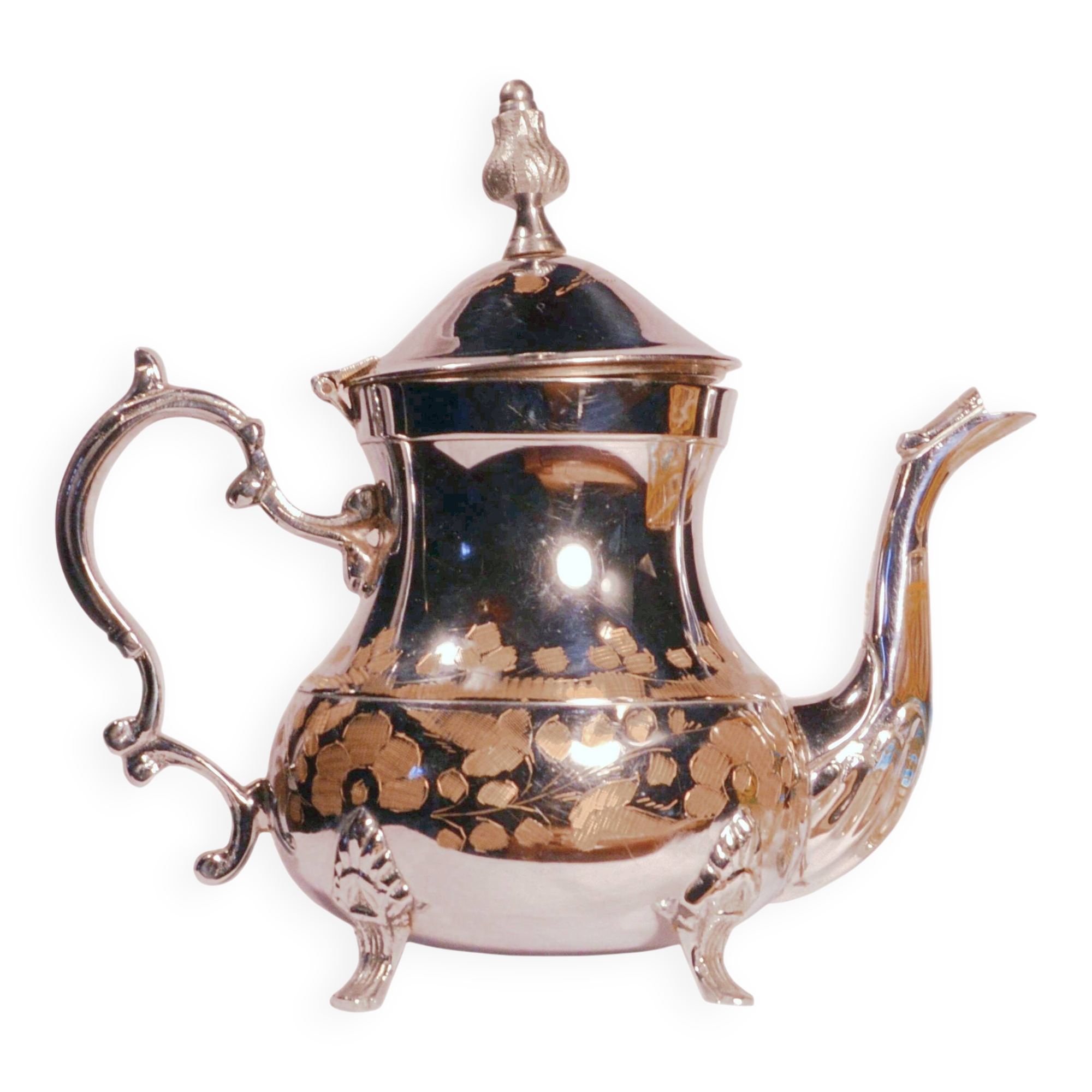 Oriental teapot in chrome metal and brass, 12x19cm