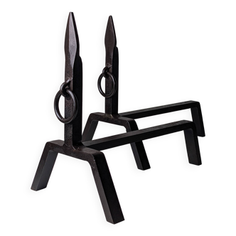 Pair of modernist wrought iron andirons - 1950s