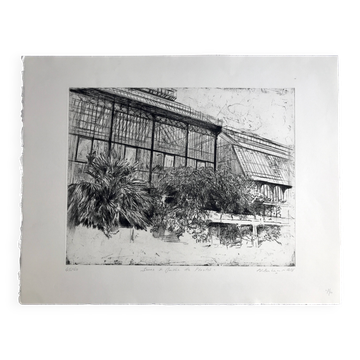 Nicole Bouharmont, Serres et jardin des plantes. pointe sèche signée au crayon