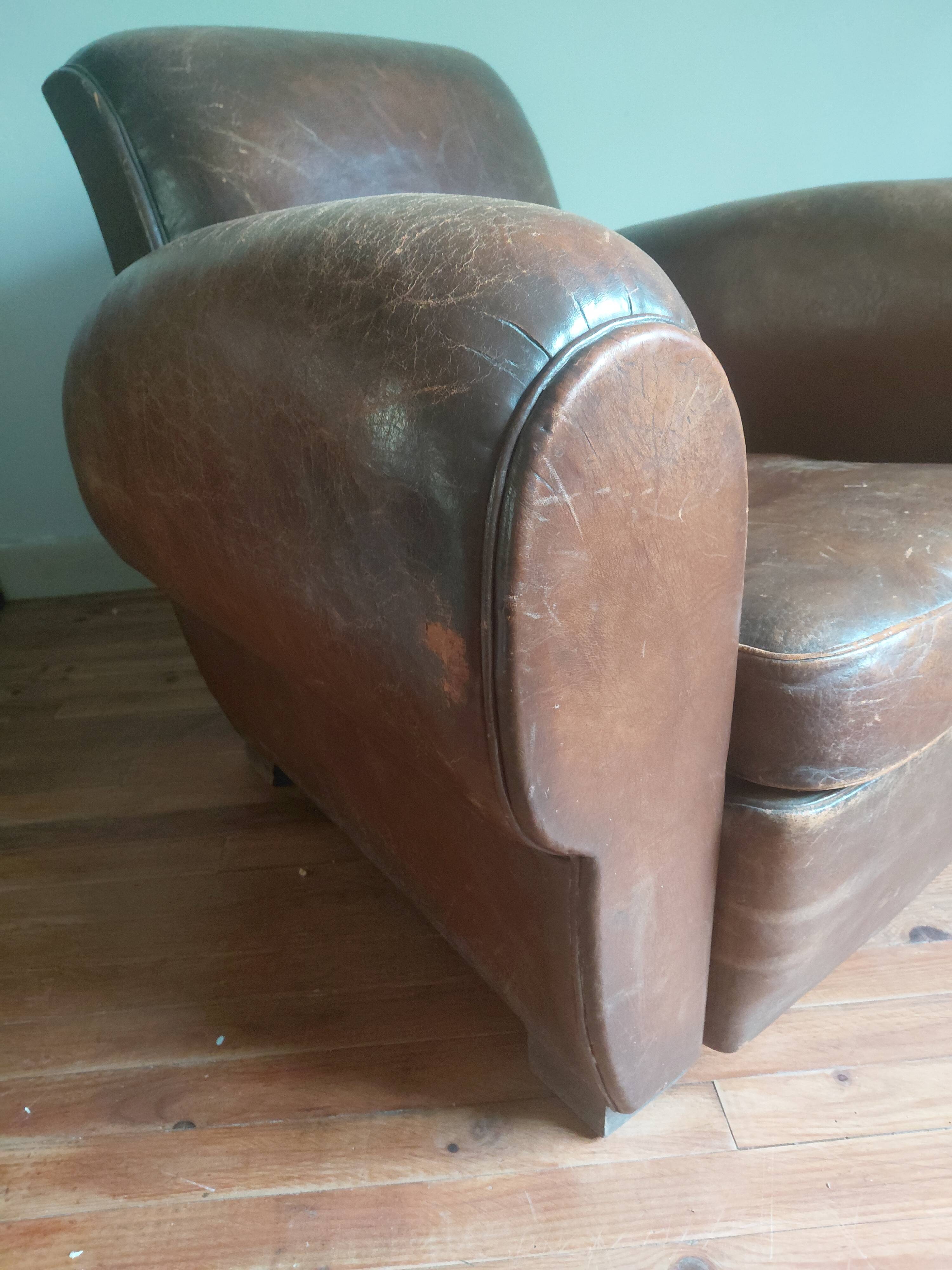Club armchair, patinated leather