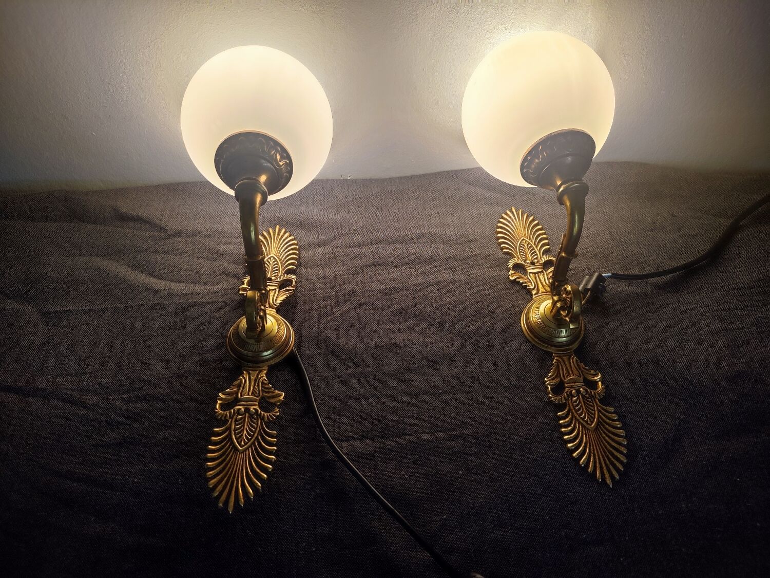 Pair of vintage brass and opaline wall lights