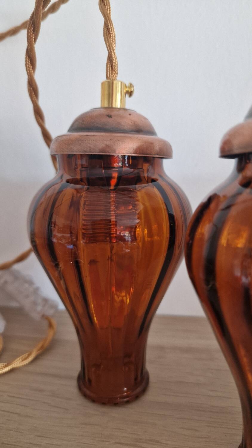 Duo of brown smoked glass portable lamps
