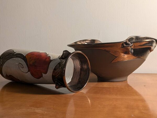Vase et bol, coupe céramique vintage Tri Ushi (Bulgarie)