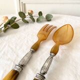 Old salad servers in horn and silver metal