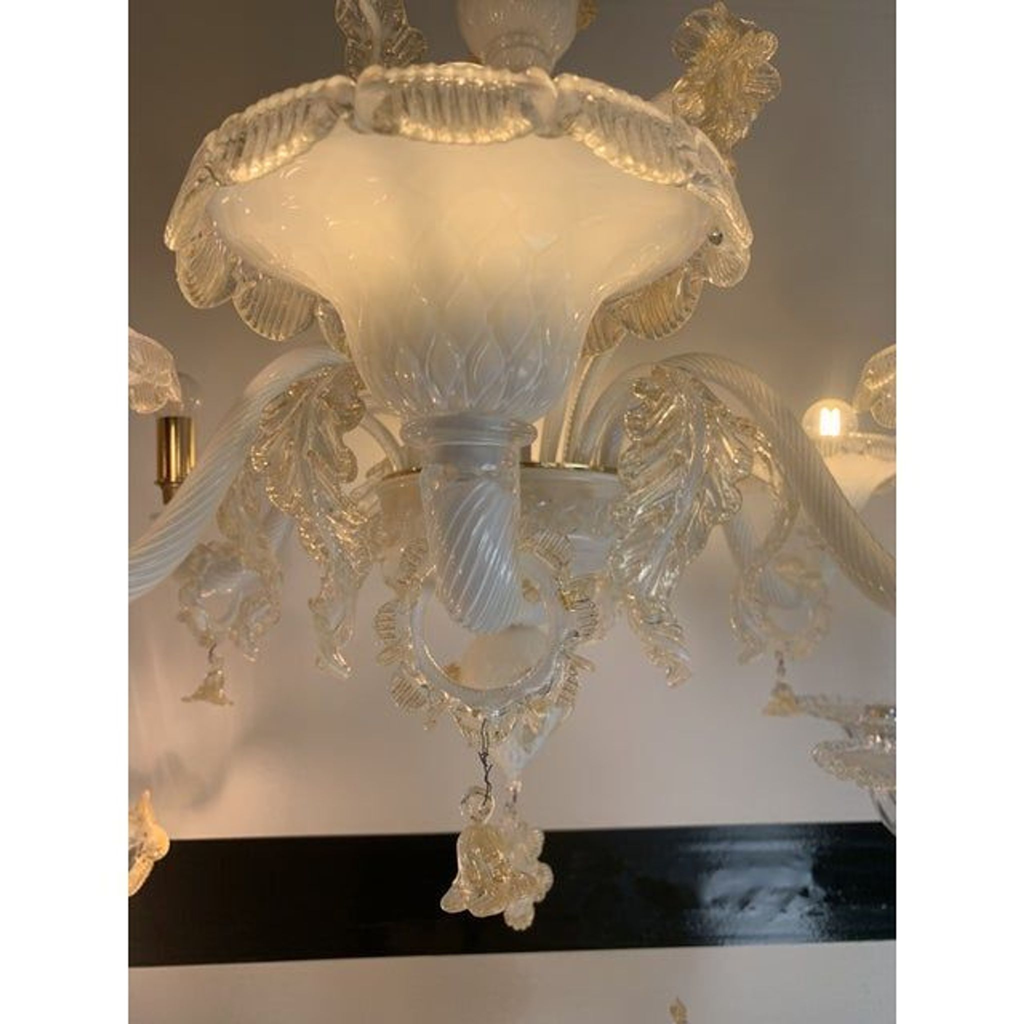 Milky and Gold Murano Glass Chandelier With Flowers and Leaves