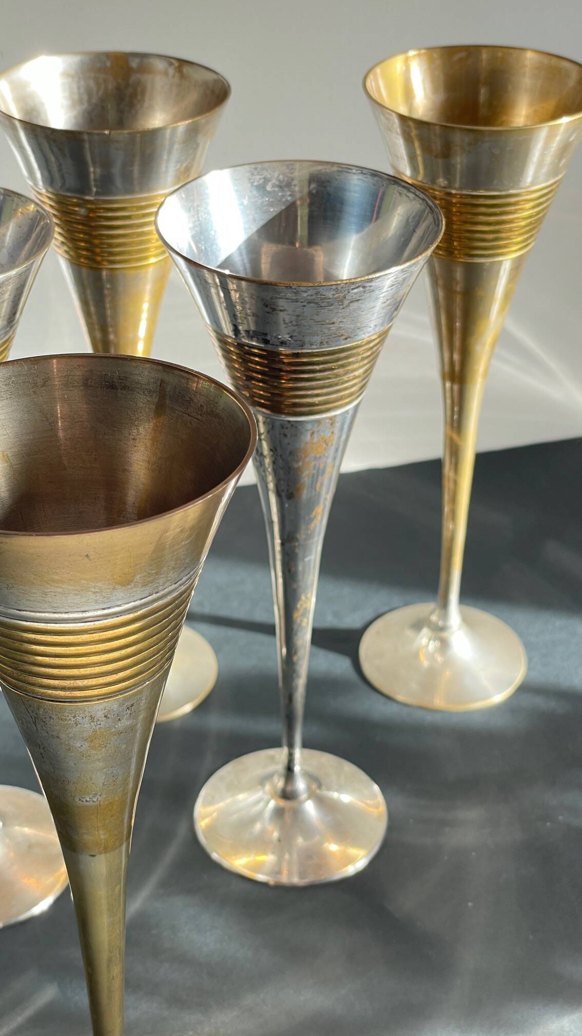 6 Vintage Silver-Plated Brass Champagne Flutes