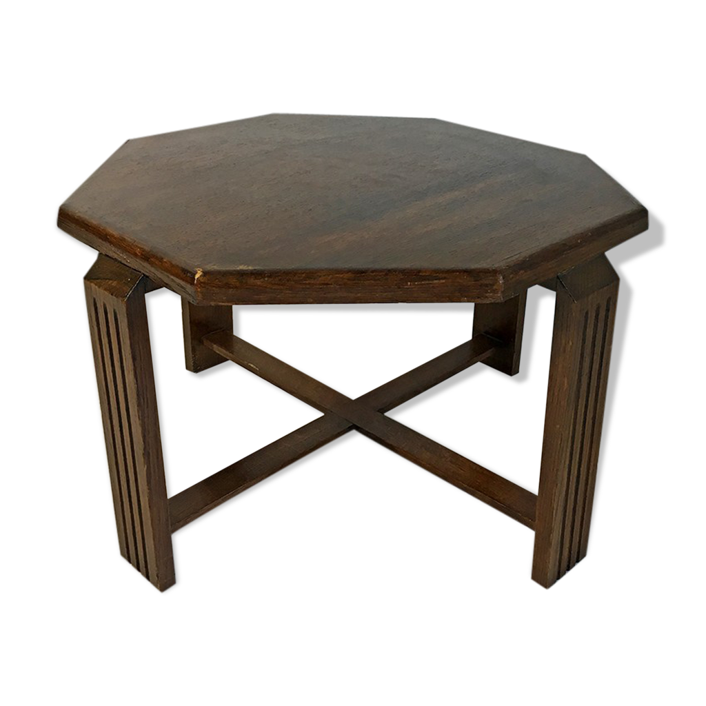 Table Basse Orientale Octogonale En Bois Et Verre - Style Sculpté Décoratif